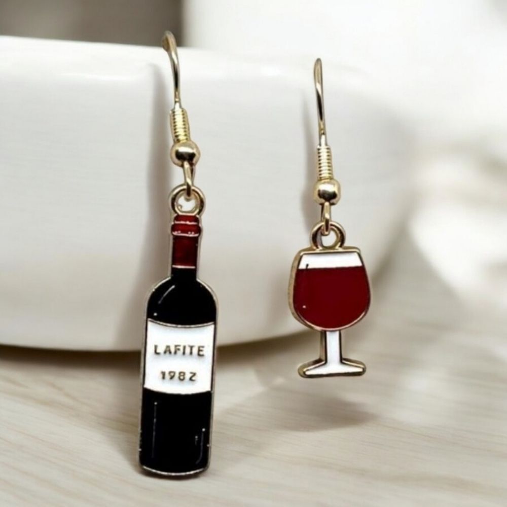 Earrings Mismatched Red Wine Connoisseur Bottle & Glass Dangle Drop Jewelry New